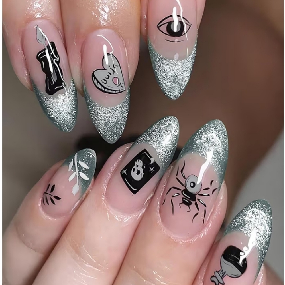 2/$10 Silver Glitter French Tip Almond False Nails with Black Occult Art